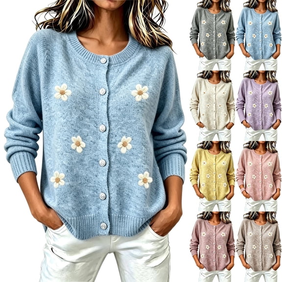 Women's Floral Embroidered Cardigan Button Down Crew Neck Long Sleeve Casual Sweater