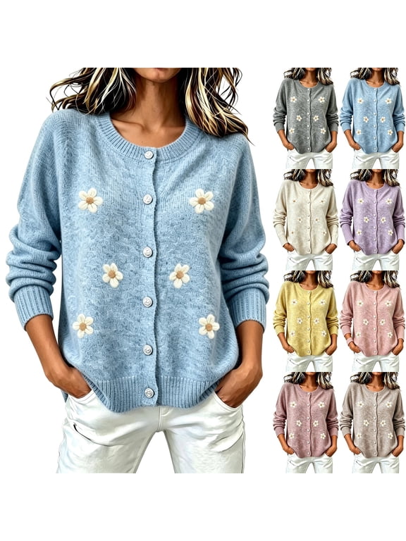 Women's Floral Embroidered Cardigan Button Down Crew Neck Long Sleeve Casual Sweater