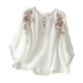 thumbnail image 1 of Women's Floral Embroidered Casual Blouse Imitation Cotton Linen Shirts 3/4 Sleeve Stand Up Collar Button Tunic Tshirt, 1 of 7