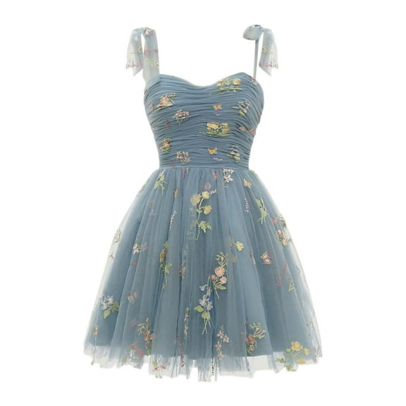 Women's Floral Embroidered Chiffon Dress With Thin Shoulder Straps Fairy Formal Evening Dress