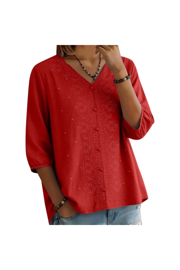 Women's Floral Embroidered Cotton Linen Blouse,Embroidered Tunic Embroidery Shirts For Women Floral Embroidered Top Blusas De Lino Para Mujer Elegantes Lightweight Cotton Linen Muslin Shirt Women