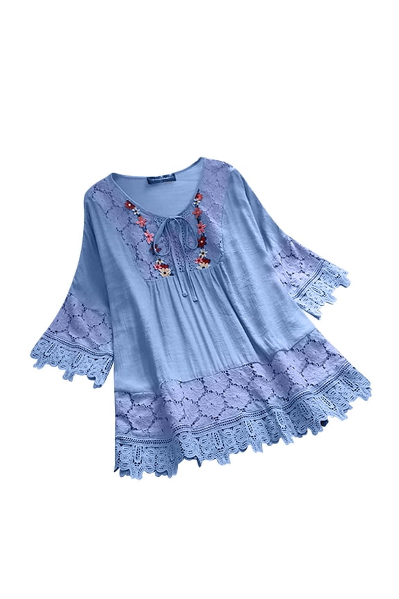 Women's Floral Embroidered Cotton Linen Tunic, 3/4 Sleeve Lace Trim Boho Blouse, Plus Size Casual Shirt Womens Shirts Retro Puff Sleeve Cotton Linen Tops Peasant Blouses