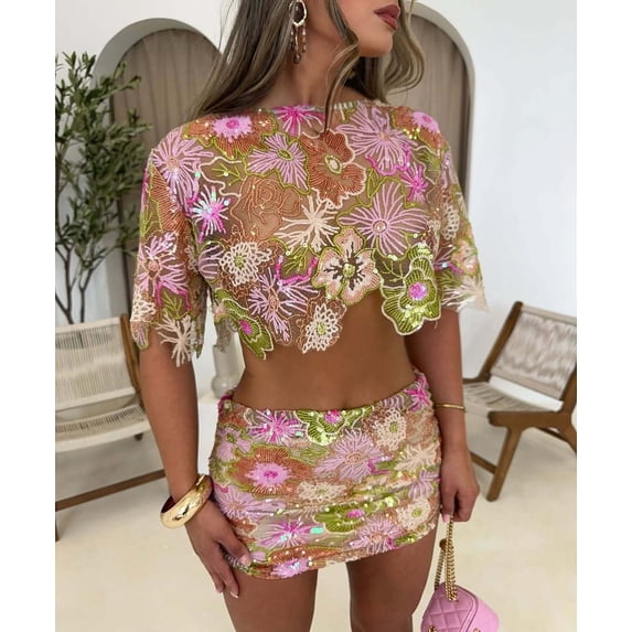 Women's Floral Embroidered Crop Top and Mini Skirt Set, Sequin Party Two Piece Outfit