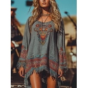 Womens Floral Embroidered Fringe Tassel Mini Dress, V-Neck Short Sleeve Irregular Hem Boho Western Flowy Beach Vacation Tunic