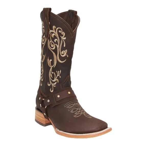 Women’s Floral Embroidered Harness Square Toe Brown Cowgirl Cowboy Boot