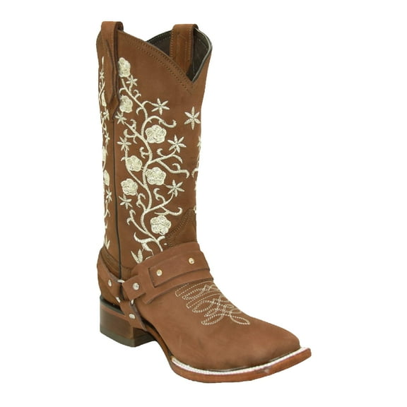Women’s Floral Embroidered Harness Square Toe Brown Cowgirl Cowboy Boot