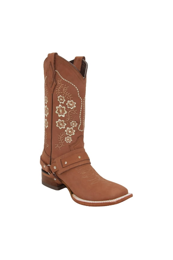 Women’s Floral Embroidered Harness Square Toe Brown Cowgirl Cowboy Boot