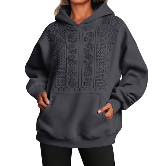 Women's Floral Embroidered Hoodie Sweatshirt, Long Sleeve Kangaroo Pocket Relaxed Pullover Top for Casual Everyday Wear