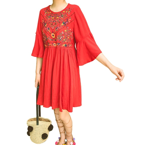 Women's Floral Embroidered Keyhole Bell Sleeve Bohemian Tunic Dress, Red, Large