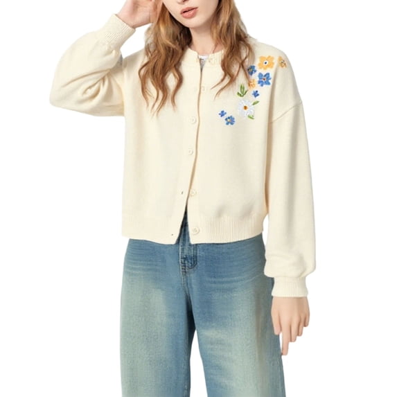 Women's Floral Embroidered Knit Cardigan Button Down Long Sleeve Trendy Sweater Coat 2025 Fall Winter Jumper Tops