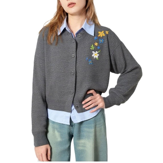 Women's Floral Embroidered Knit Cardigan Button Down Long Sleeve Trendy Sweater Coat 2025 Fall Winter Jumper Tops