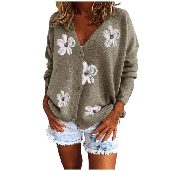 Women's Floral Embroidered Knit Cardigan V-Neck Long Sleeve Slim Fit Sweater