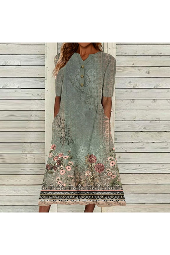 Women's Floral Embroidered Maxi Dress, Short Sleeve, Garden Party & Casual Event Wear, Mid-Weight Cotton Blend