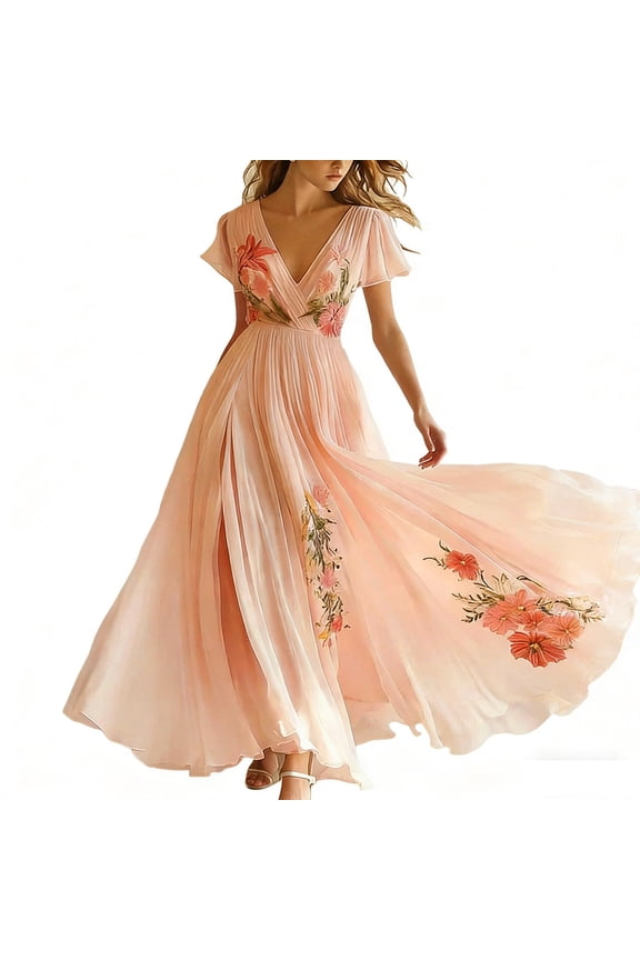 Women's Floral Embroidered Maxi Dress V-Neck Ruffle Short Sleeve Flutter Pleated Chiffon Evening Gown