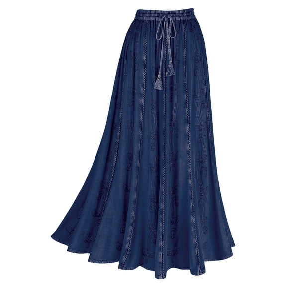 Women's Floral Embroidered Maxi Skirt - Over-Dyed Long Peasant Skirt, Ankle Length - Denim Blue - Large
