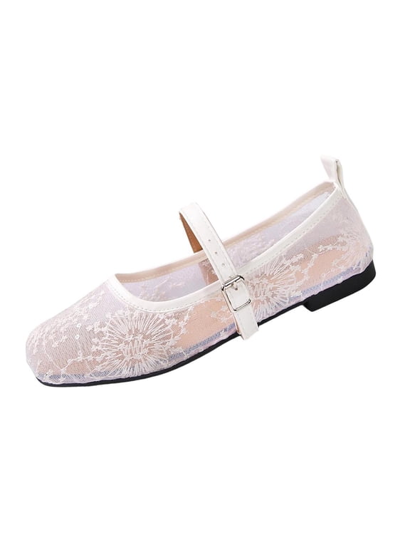 Women's Floral Embroidered Mesh Flats Round Toe Buckle Strap Breathable Ballet Shoes for Dressy Trendy Work Office Wedding Daily Ballerina White 8.5