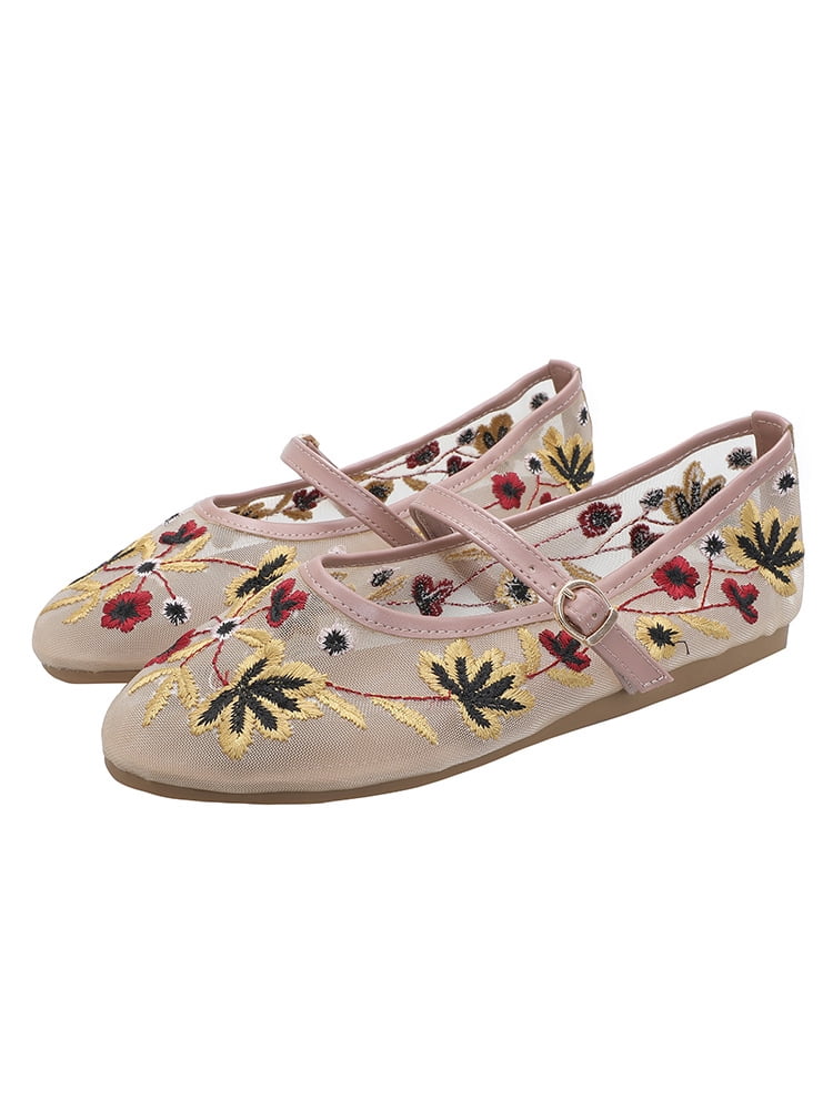 Women's Floral Embroidered Mesh Mary Jane Flats, Round Toe Comfort ...