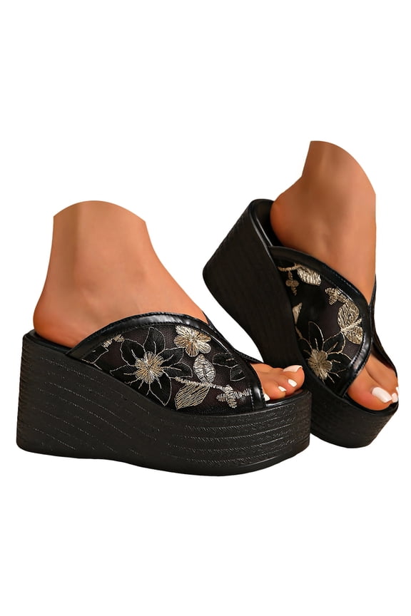 Women’s Floral Embroidered Mesh Slide Platform Sandals Slip On Espadrille Heels Breathable Open Toe Wedge Mules Black Size 6