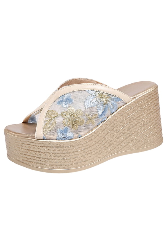Women’s Floral Embroidered Mesh Slide Platform Sandals Slip On Espadrille Heels Breathable Open Toe Wedge Mules Blue Size 6