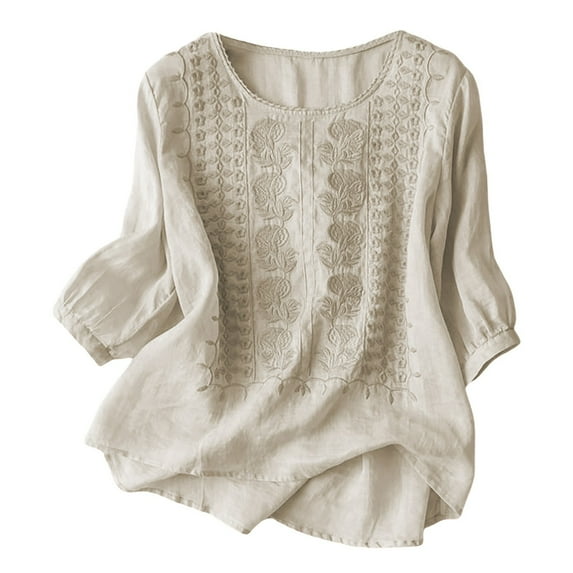 Women's Floral Embroidered Neck T Shirt Casual Summer Top Pure Color Design For Daily Wear