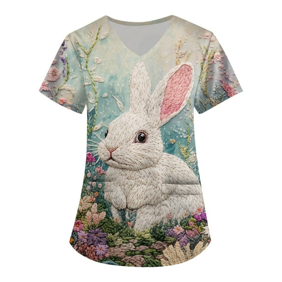Women's Floral Embroidered Rabbit T-Shirt, Short Sleeve Casual V-Neck Top, Vintage Style Graphic Tee