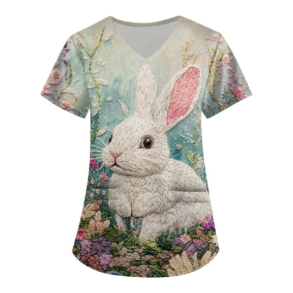Women's Floral Embroidered Rabbit T-Shirt, Short Sleeve Casual V-Neck Top, Vintage Style Graphic Tee