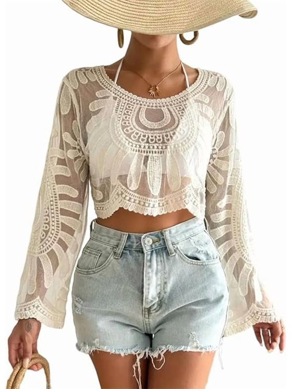 Women's Floral Embroidered Semi-Sheer Cover Up, Lace Long Sleeve Beach Sun Protection Duster for Coverup Mesh Design