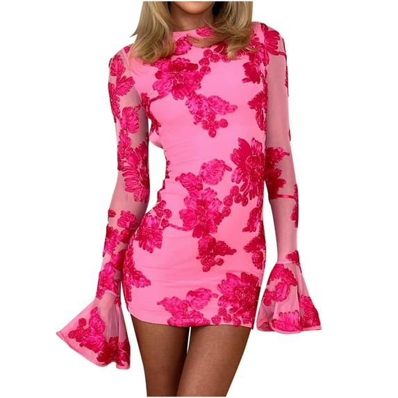 Women's Floral Embroidered Sexy Bodycon Cocktail Dresses - Mesh Bell Long Sleeve Evening Party Club Mini Dress