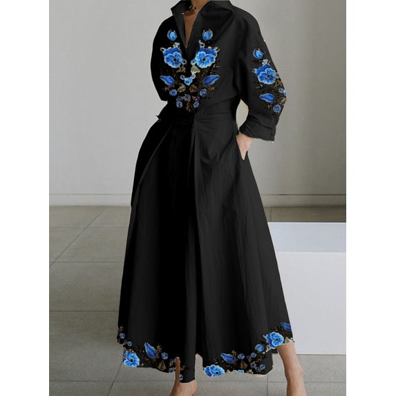 Women's Floral Embroidered Shirt Maxi Dress, 3/4 Sleeve Collared Waisted A-Line Dress with Pockets Bohemian Ethnic Printed Beach Party Long Flowy Dress