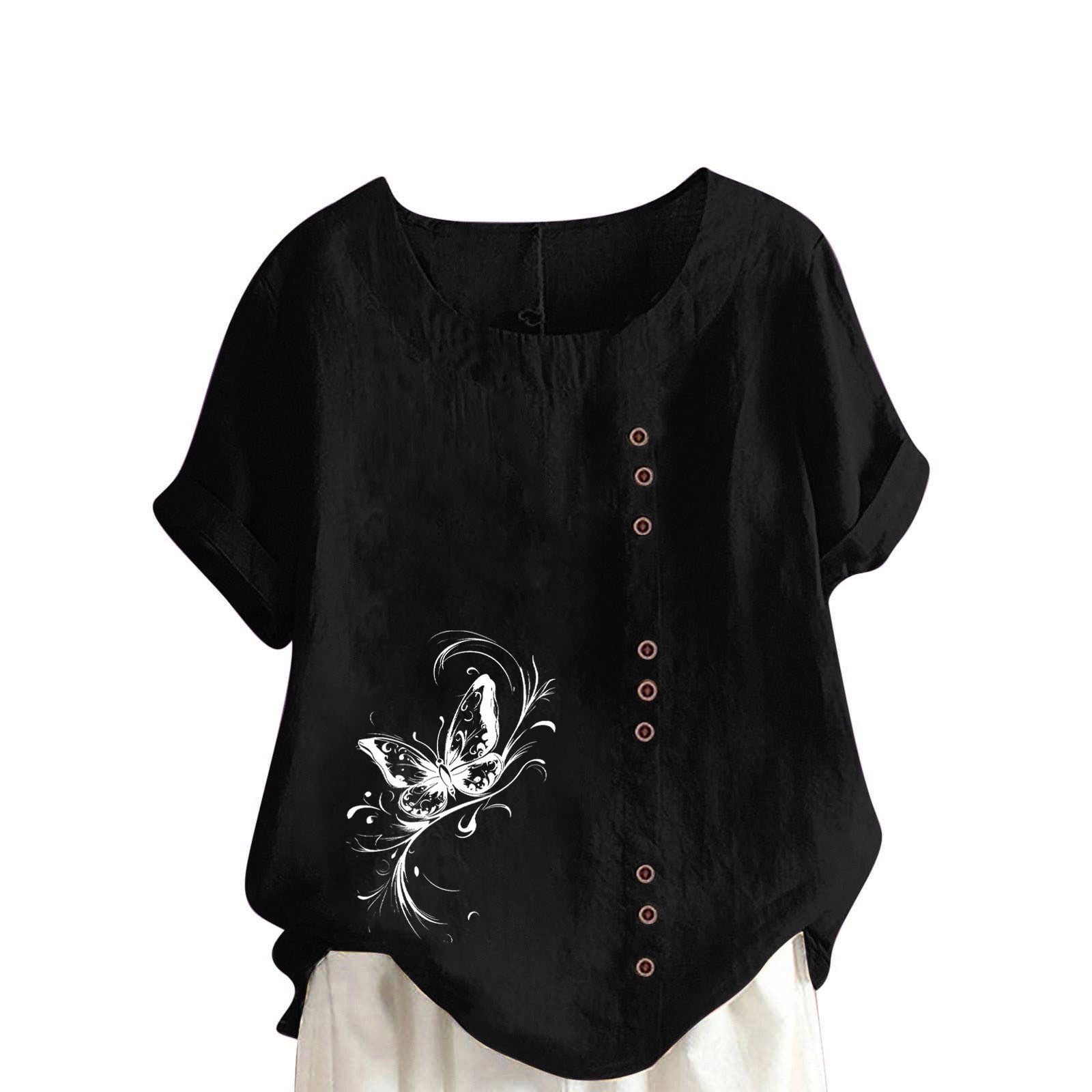 Women's Floral Embroidered Shirt Short Sleeve Mexican Peasant Blouses Linen  Gauze Tunic Pullover for Spring Summer - Walmart.com, image size:1600x1600