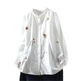 thumbnail image 1 of Women's Floral Embroidered Shirts Ruffle Neck Cotton Linen Blouse Button Down Casual Long Sleeve Tops, 1 of 9