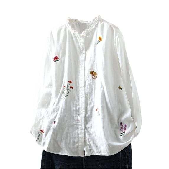 Women's Floral Embroidered Shirts Ruffle Neck Cotton Linen Blouse Button Down Casual Long Sleeve Tops