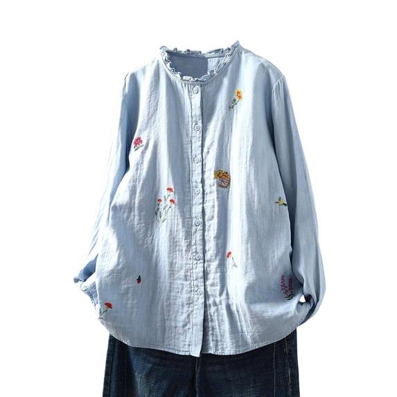 Women's Floral Embroidered Shirts Ruffle Neck Cotton Linen Blouse Button Down Casual Long Sleeve Tops