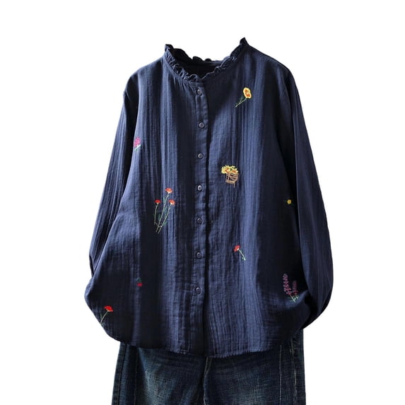Women's Floral Embroidered Shirts Ruffle Neck Cotton Linen Blouse Button Down Casual Long Sleeve Tops
