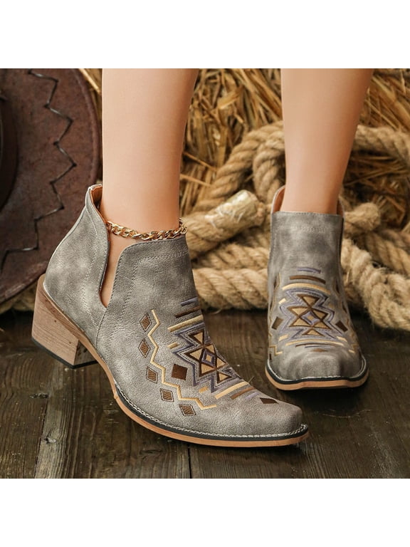 Women's Floral Embroidered Western Ankle Boots Cutout Side Stacked Block Heel Pointed Toe Faux Leather Slip On for Boho Street Style Country Outings Gray 39