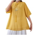 thumbnail image 1 of Women's Floral Embroidery Chinese Blouse - Long Sleeve Cotton Linen Top with Jacquard & Sheer Mesh, Boho Chic Button-Down Shirt with Frog Fasteners, 1 of 5