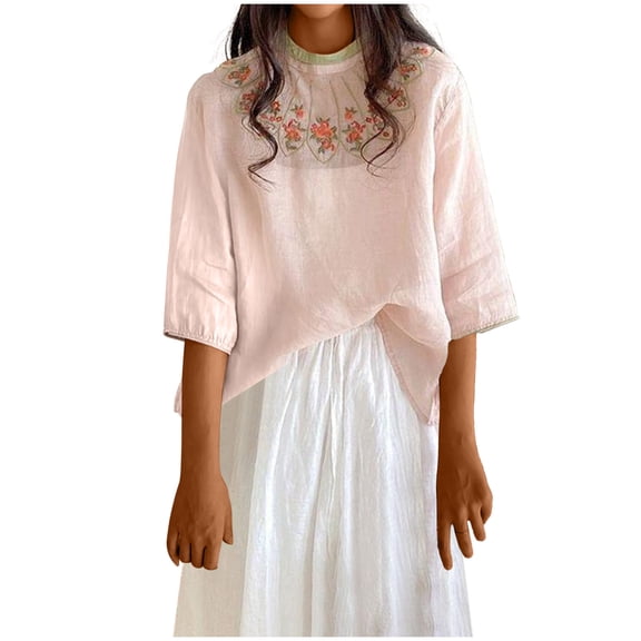 Women's Floral Embroidery Cotton Linen Shirts Half Sleeve Round Neck Babydoll Blouses Casual Boho Tops