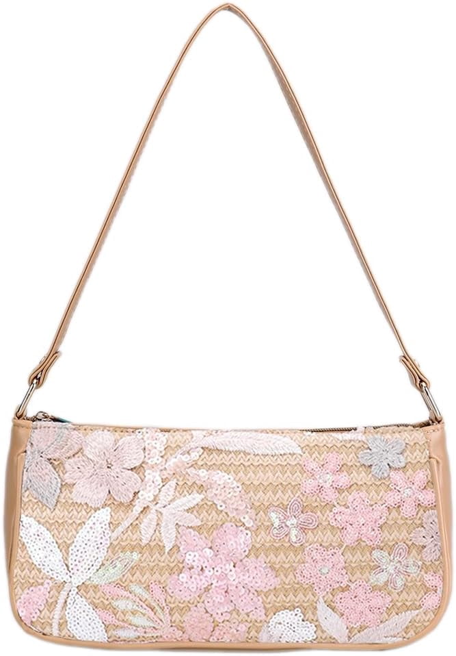 Women's Floral Embroidery Handbags Sequins Shoulder Bags Summer Party Handbags Glitter Underarm Backpacks