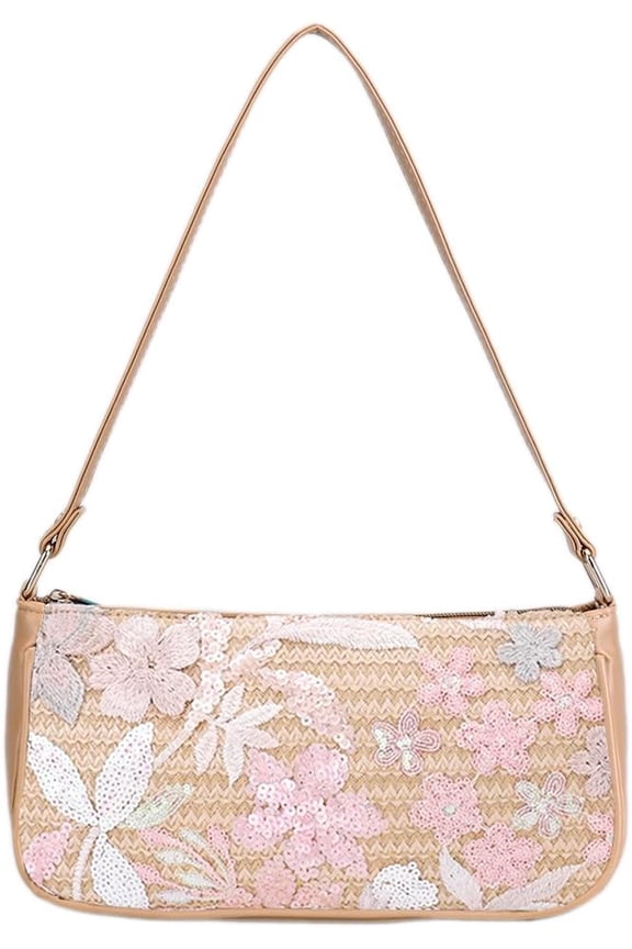 Women's Floral Embroidery Handbags Sequins Shoulder Bags Summer Party Handbags Glitter Underarm Backpacks