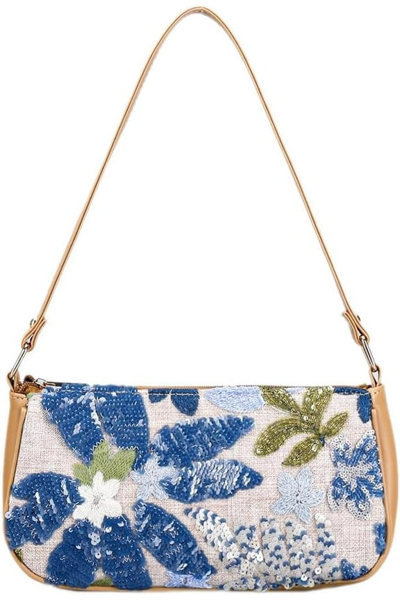 Women's Floral Embroidery Handbags Sequins Shoulder Bags Summer Party Handbags Glitter Underarm Backpacks