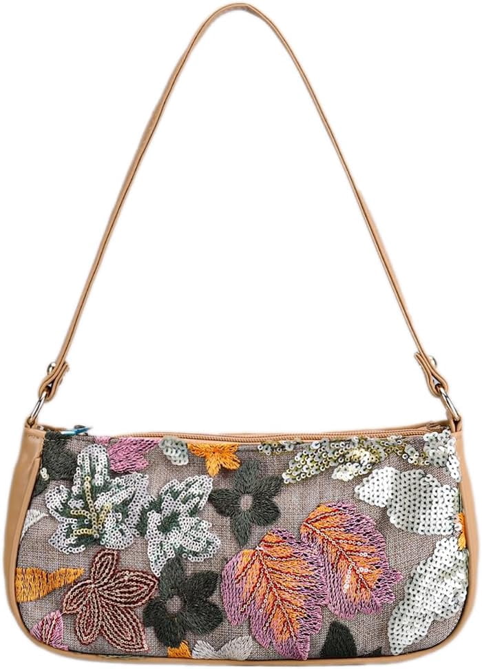 Women's Floral Embroidery Handbags Sequins Shoulder Bags Summer Party Handbags Glitter Underarm Backpacks