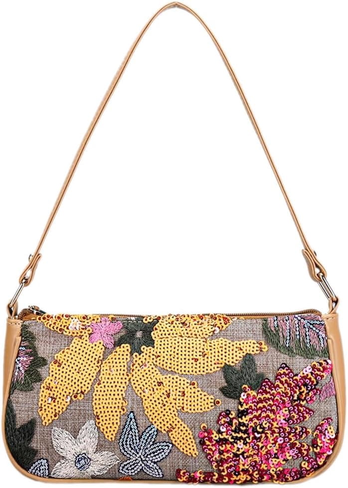 Women's Floral Embroidery Handbags Sequins Shoulder Bags Summer Party Handbags Glitter Underarm Backpacks