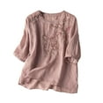 thumbnail image 1 of Women's Floral Embroidery Linen Shirts 3/4 Sleeve Round Neck Babydoll Tops Blouses, 1 of 6