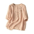 thumbnail image 1 of Women's Floral Embroidery Linen Shirts 3/4 Sleeve Round Neck Babydoll Tops Blouses, 1 of 6