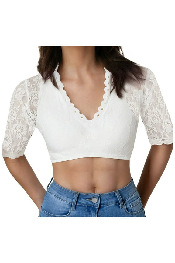 Women's Floral Embroidery Mesh Lace V Neck Long Sleeve Crop Top
