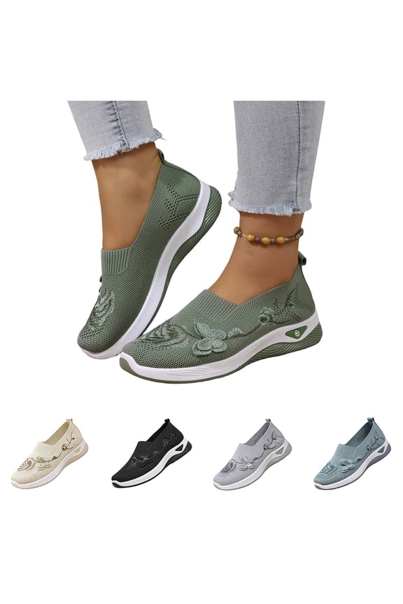 Women's Floral Embroidery Mesh Walking Shoes Ballet Flats Soft Arch Support Walking Anti-Skid Sports Shoes 37
