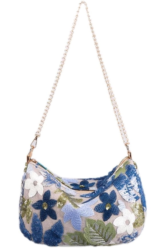 Women's Floral Embroidery Purse Sequins Shoulder Bag Summer Party Purse Sparkling Evening Crossbody