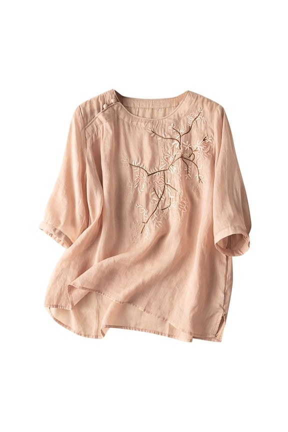 Women's Floral Embroidery Shirts 3/4 Sleeve Round Neck Tops Blouses