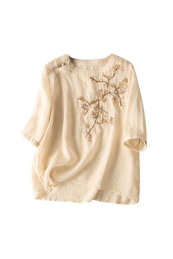 Women's Floral Embroidery T-Shirts 3/4 Sleeve Round Neck Blouses Soft Comfortable Casual Tops for Ladies