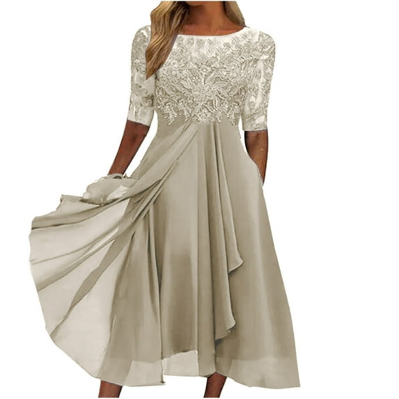 Women's Floral Evening Flare Vintage Midi Dress 3/4 Sleeve Women Sexy Solid Half Sleeve Round Neck Lace Chiffon Mesh Waist Party Dresses Khaki XXXL